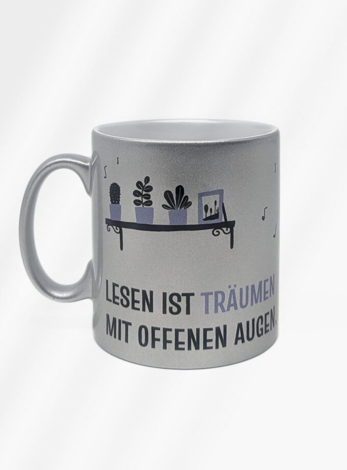 Glitzertasse "Lesen ist Träumen mit offenen Augen"